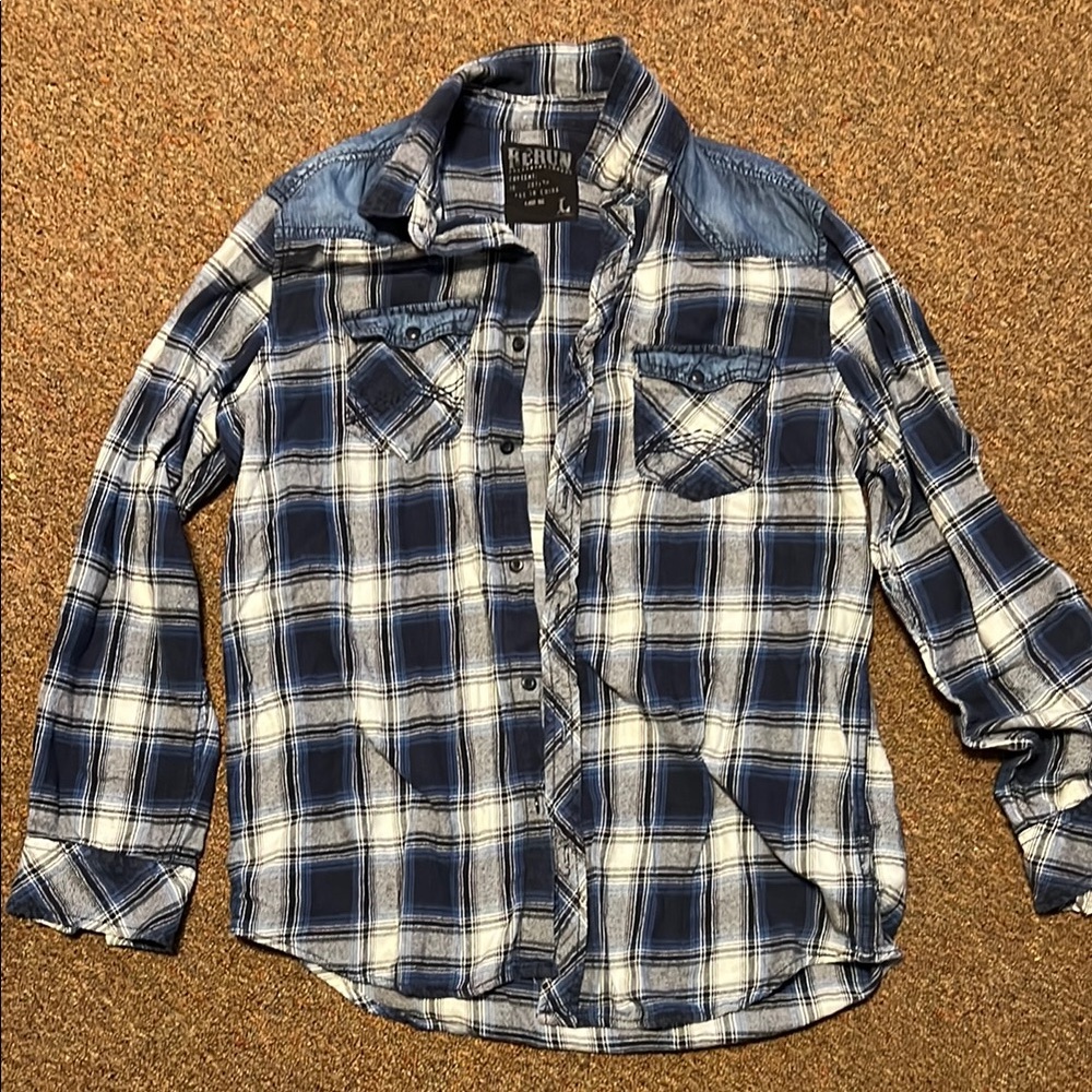 RERUN Men’s Large BlueBlackWhite Button Down Shirt